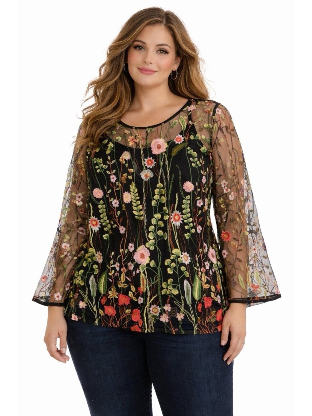 Adiva 2X Black Embroidere Floral Sheer Blouse Bell Sleeve Fairy Whimsy Goth wome